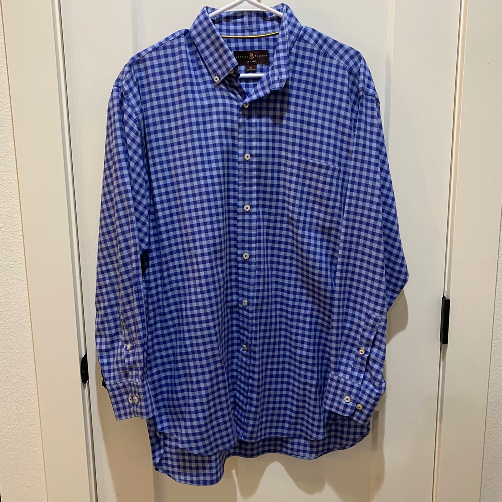 Robert Talbott Classic Mens Blue Gingham Check Cotton Button Down Shirt Large